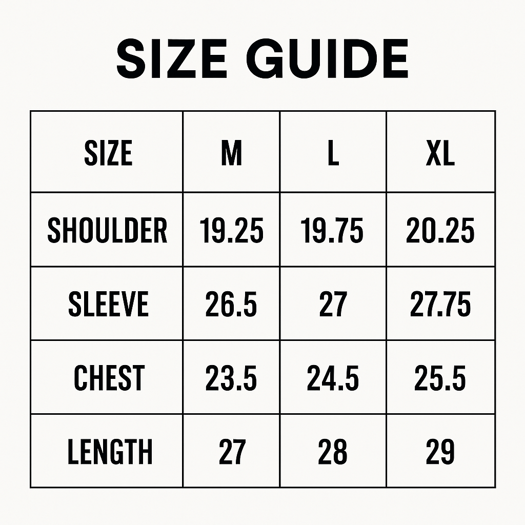 UNIT 365 hoodie size chart