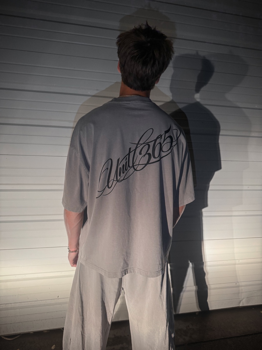 UNIT 365 gray script tee back lookbook shot
