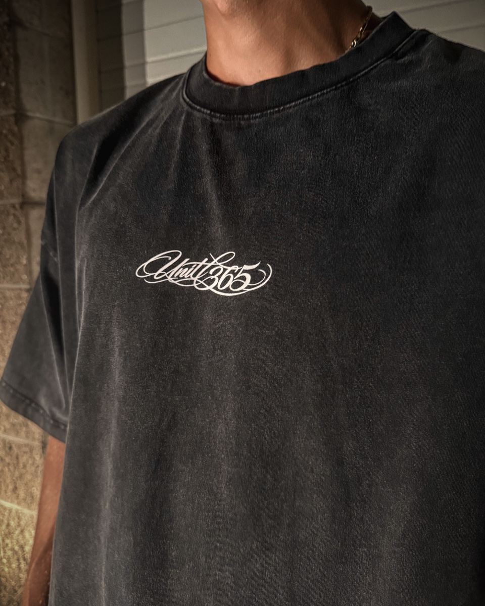 UNIT 365 black script tee front detail