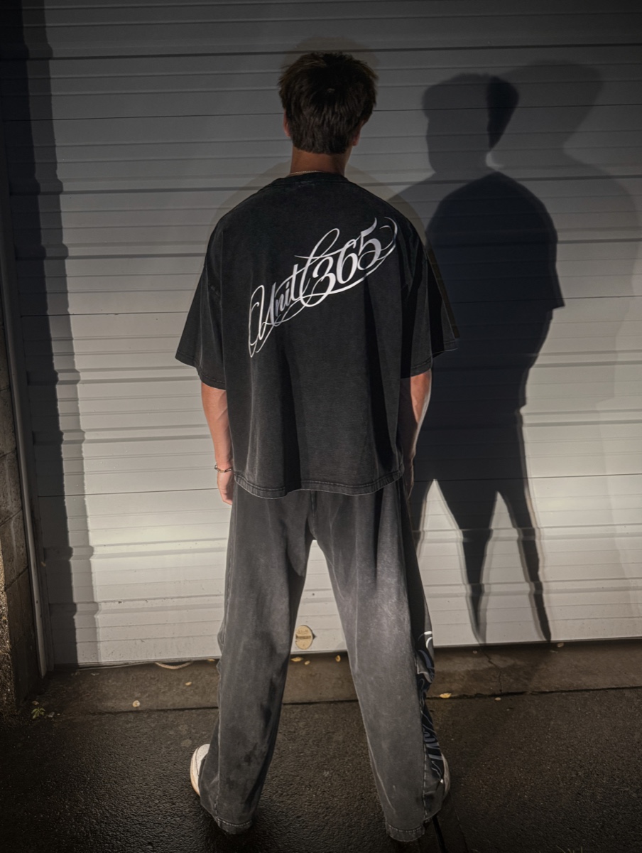 UNIT 365 black script tee back lookbook shot