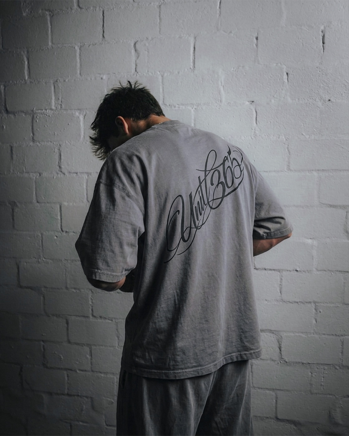 UNIT 365 gray script tee lookbook shot