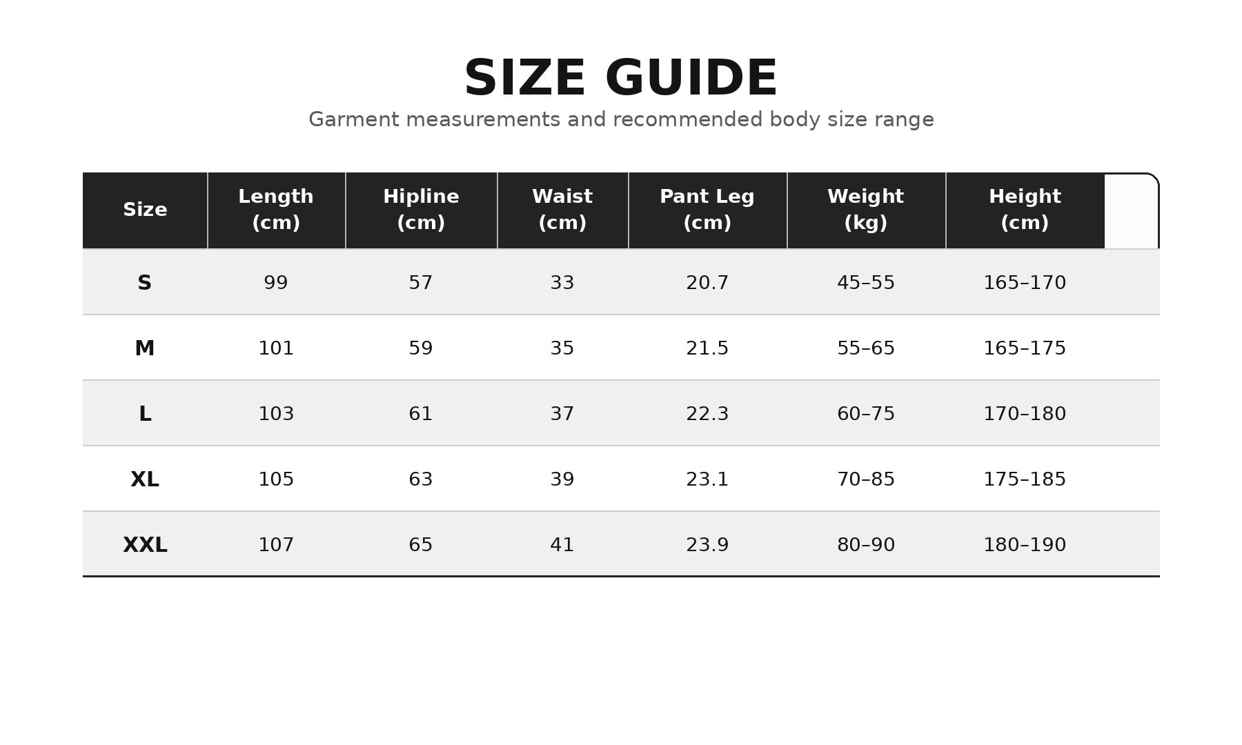 UNIT 365 Origins Sweatpants size chart