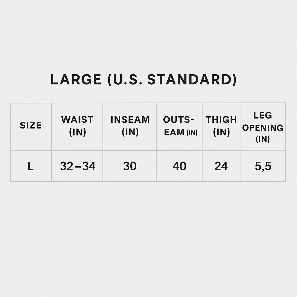 UNIT 365 sweats size chart