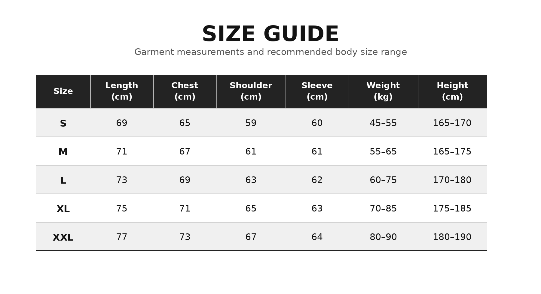 UNIT 365 Origins Zip Up size chart